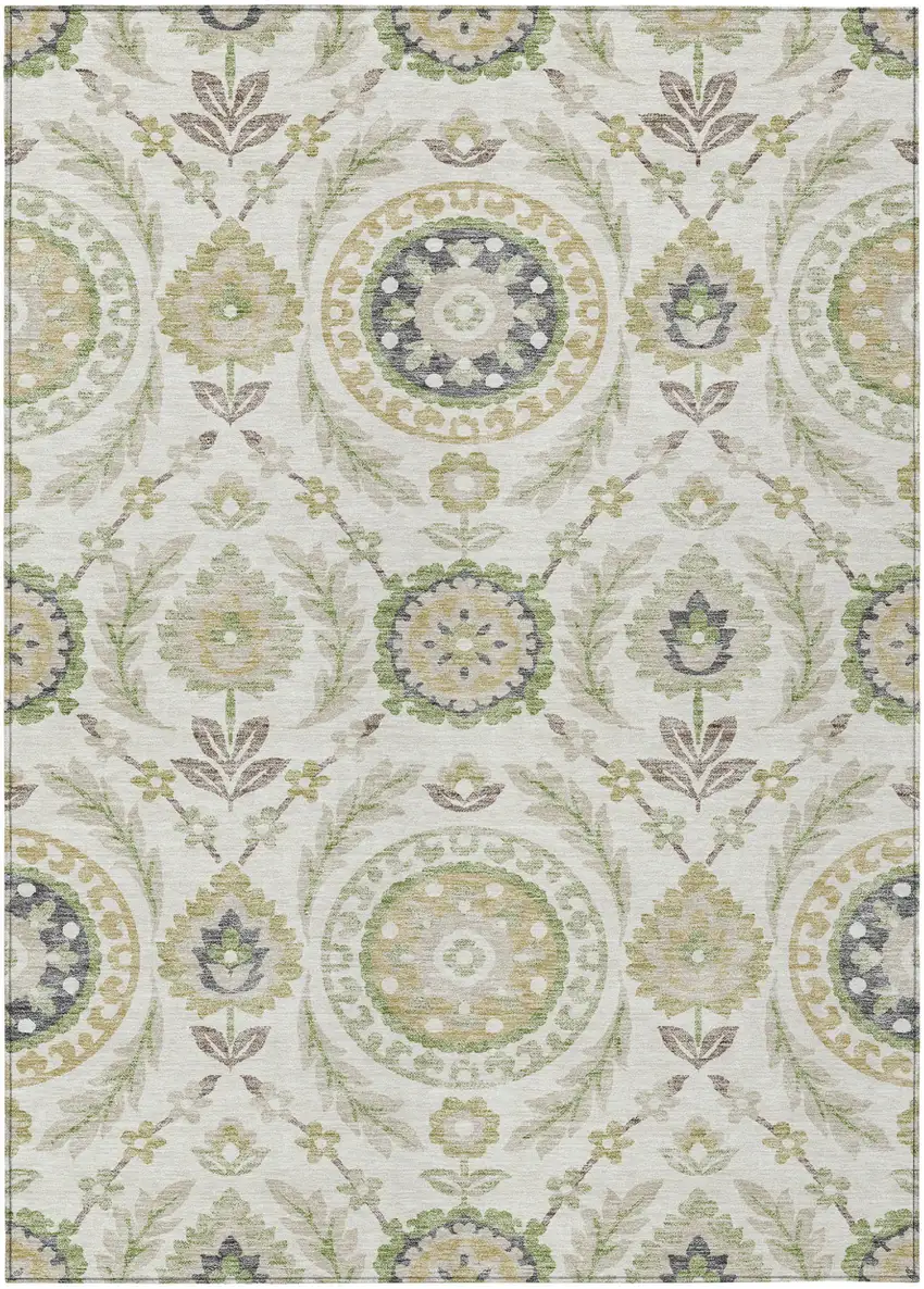 Ivory Beige And Taupe Floral Washable Indoor Outdoor Area Rug Photo 1