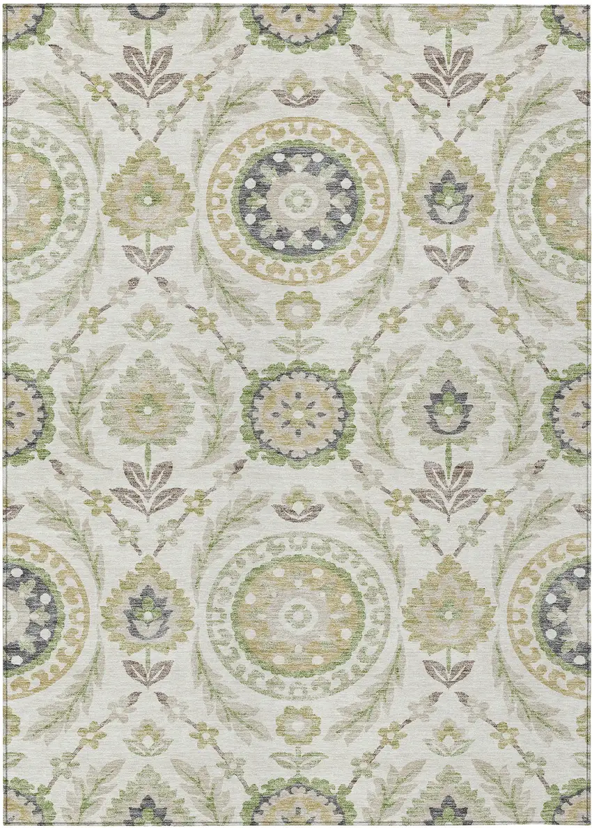 Ivory Beige And Taupe Floral Washable Indoor Outdoor Area Rug Photo 1