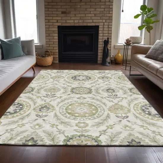 Ivory Beige And Taupe Floral Washable Indoor Outdoor Area Rug Photo 7