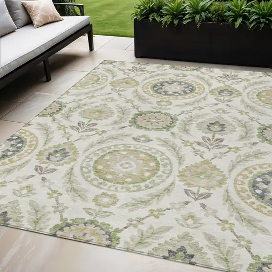 Ivory Beige And Taupe Floral Washable Indoor Outdoor Area Rug Photo 1