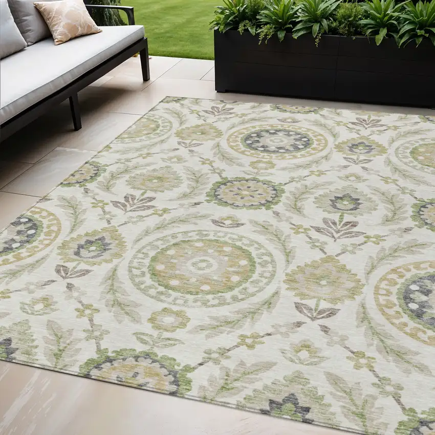 Ivory Beige And Taupe Floral Washable Indoor Outdoor Area Rug Photo 1