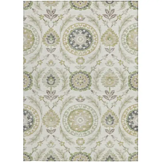 Ivory Beige And Taupe Floral Washable Indoor Outdoor Area Rug Photo 5
