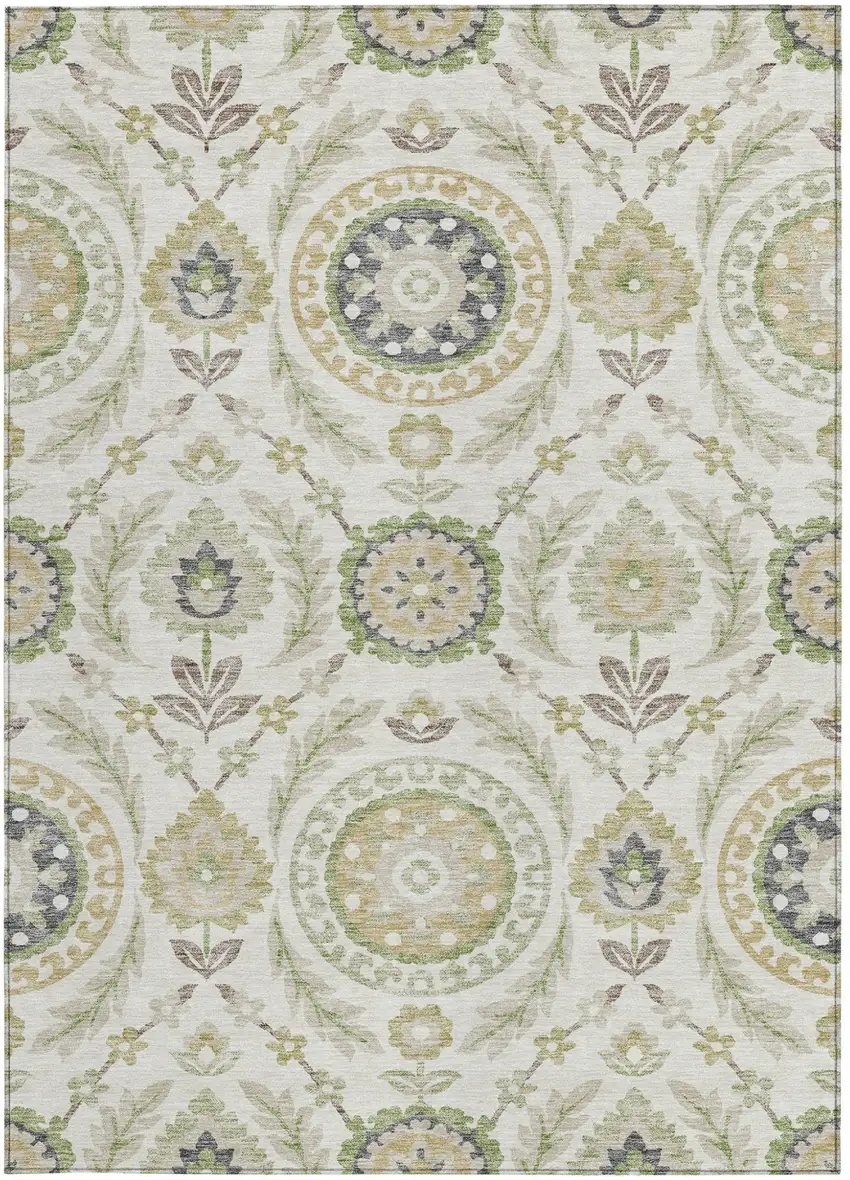 Ivory Beige And Taupe Floral Washable Indoor Outdoor Area Rug Photo 5
