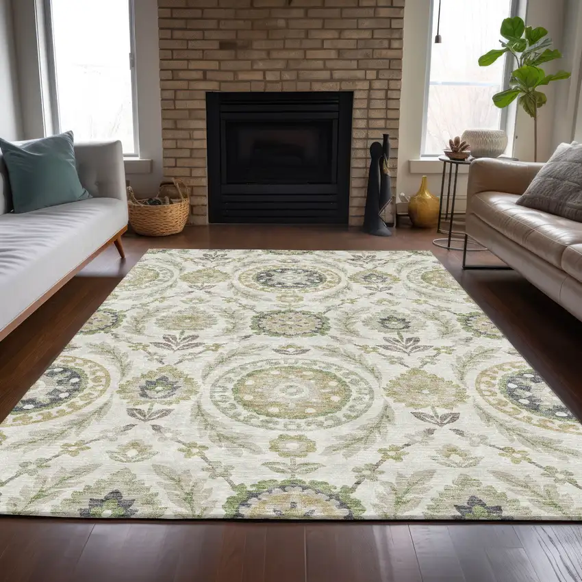 Ivory Beige And Taupe Floral Washable Indoor Outdoor Area Rug Photo 7