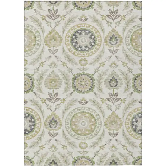 Ivory Beige And Taupe Floral Washable Indoor Outdoor Area Rug Photo 1