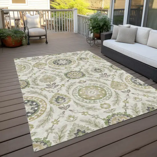 Ivory Beige And Taupe Floral Washable Indoor Outdoor Area Rug Photo 9