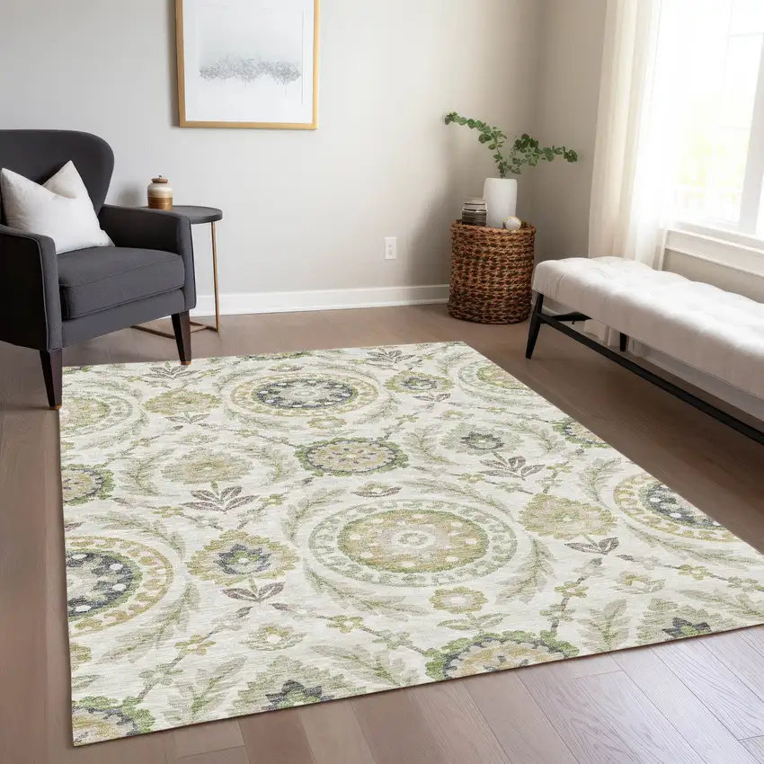 Ivory Beige And Taupe Floral Washable Indoor Outdoor Area Rug Photo 8