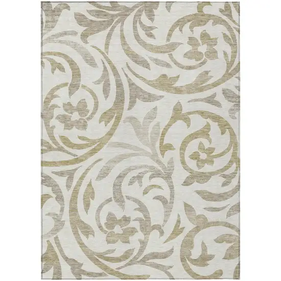 Ivory Beige And Taupe Floral Washable Indoor Outdoor Area Rug Photo 2