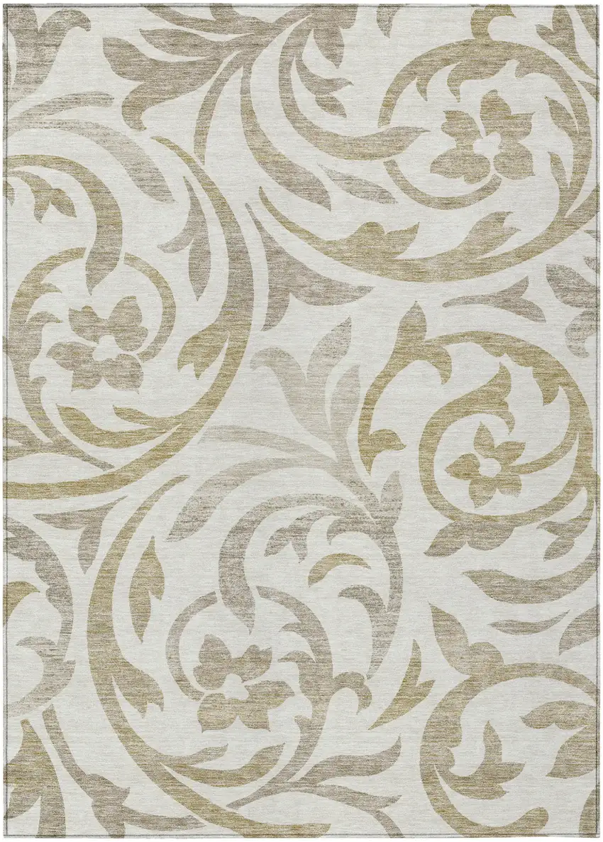 Ivory Beige And Taupe Floral Washable Indoor Outdoor Area Rug Photo 2