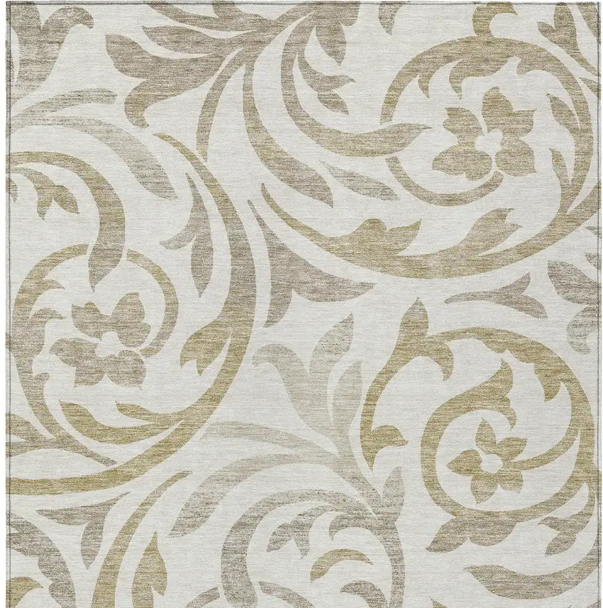 Ivory Beige And Taupe Floral Washable Indoor Outdoor Area Rug Photo 6