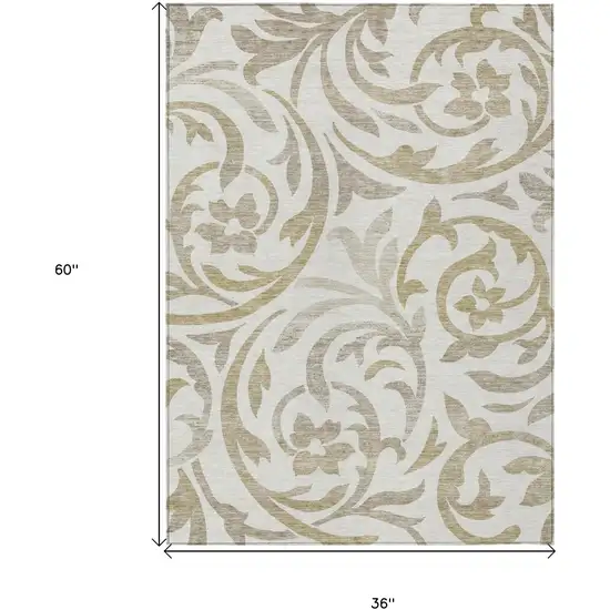 Ivory Beige And Taupe Floral Washable Indoor Outdoor Area Rug Photo 7