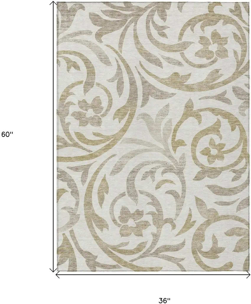 Ivory Beige And Taupe Floral Washable Indoor Outdoor Area Rug Photo 7