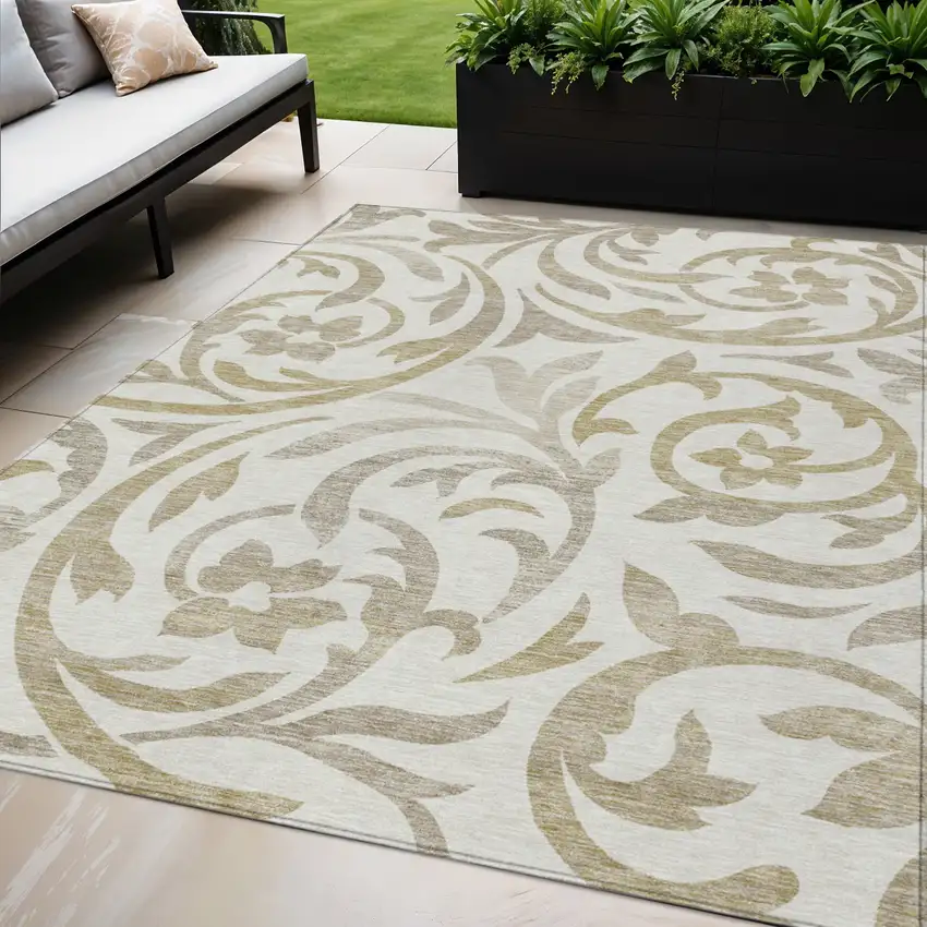 Ivory Beige And Taupe Floral Washable Indoor Outdoor Area Rug Photo 1