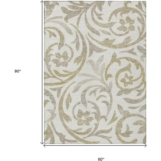 Ivory Beige And Taupe Floral Washable Indoor Outdoor Area Rug Photo 3