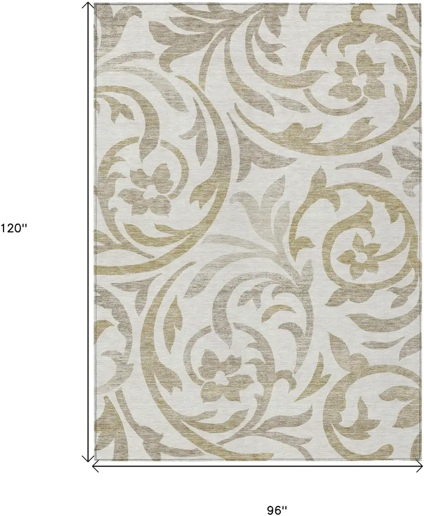 Ivory Beige And Taupe Floral Washable Indoor Outdoor Area Rug Photo 3