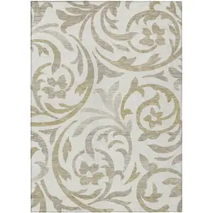 Photo of Ivory Beige And Taupe Floral Washable Indoor Outdoor Area Rug