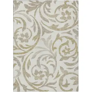 Photo of Ivory Beige And Taupe Floral Washable Indoor Outdoor Area Rug