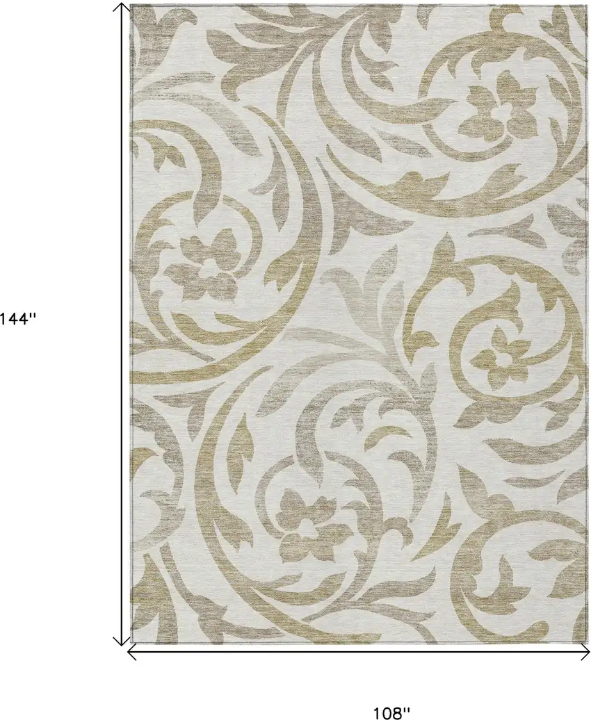 Ivory Beige And Taupe Floral Washable Indoor Outdoor Area Rug Photo 3