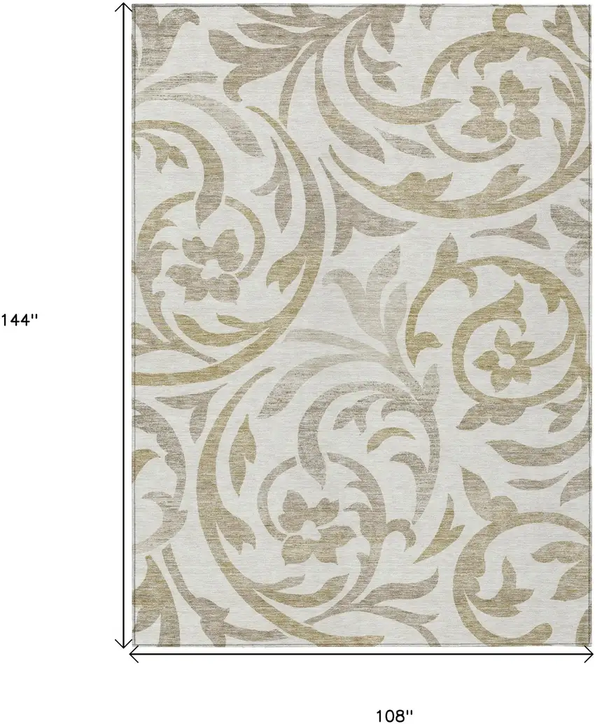 Ivory Beige And Taupe Floral Washable Indoor Outdoor Area Rug Photo 3