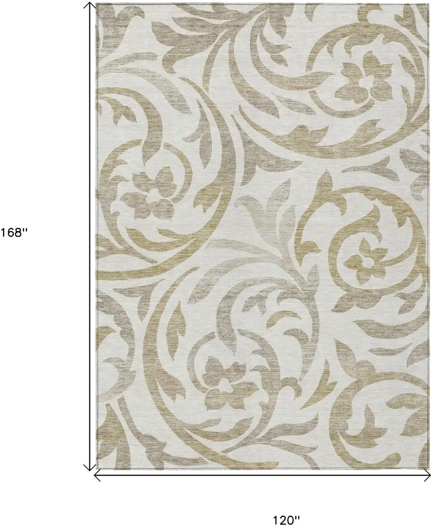 Ivory Beige And Taupe Floral Washable Indoor Outdoor Area Rug Photo 3