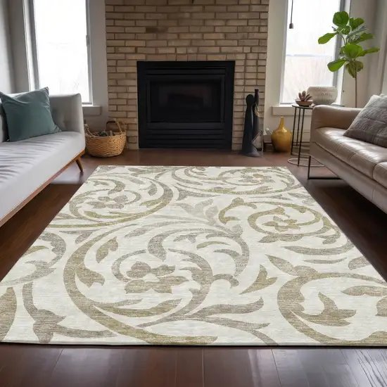 Ivory Beige And Taupe Floral Washable Indoor Outdoor Area Rug Photo 7