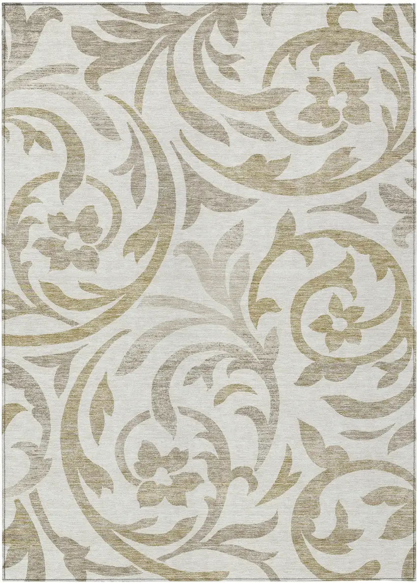 Ivory Beige And Taupe Floral Washable Indoor Outdoor Area Rug Photo 1
