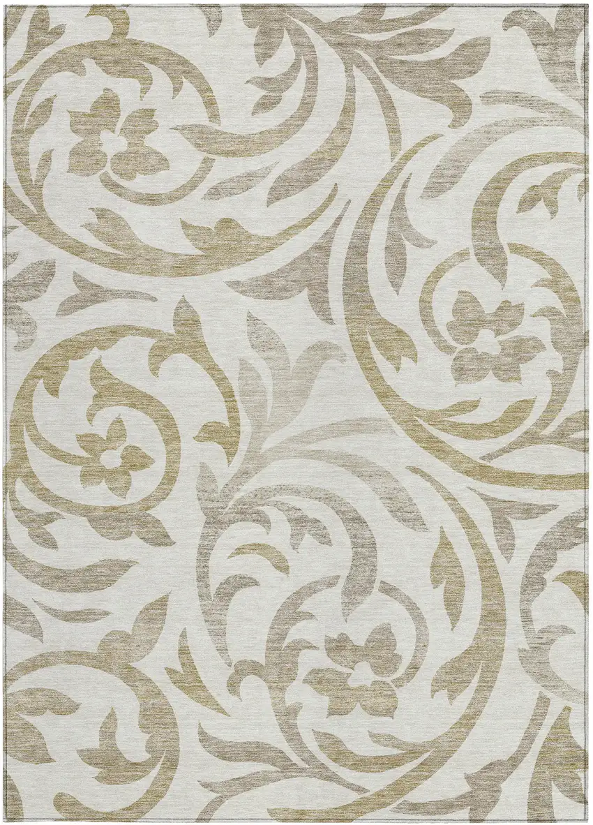 Ivory Beige And Taupe Floral Washable Indoor Outdoor Area Rug Photo 5