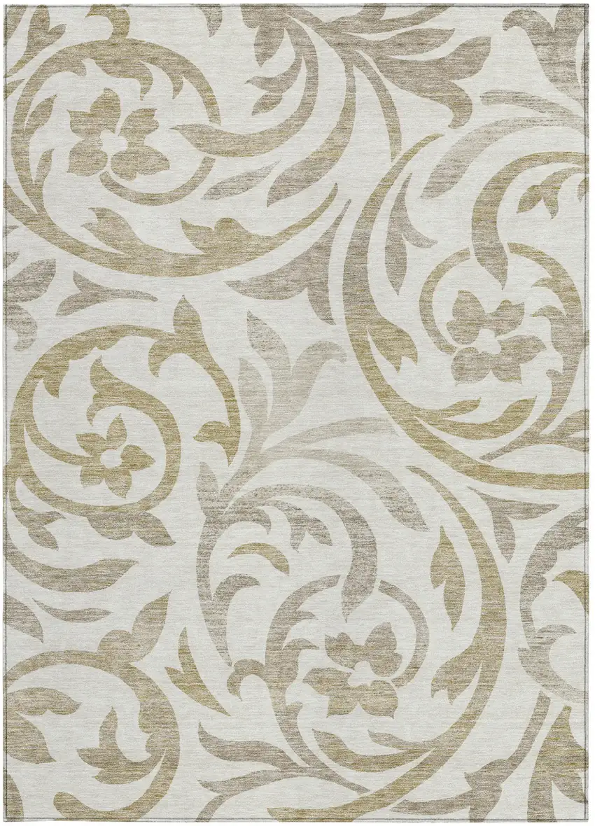 Ivory Beige And Taupe Floral Washable Indoor Outdoor Area Rug Photo 5