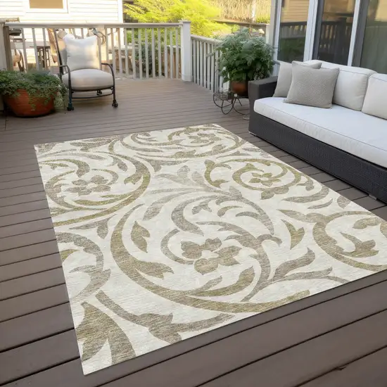 Ivory Beige And Taupe Floral Washable Indoor Outdoor Area Rug Photo 9
