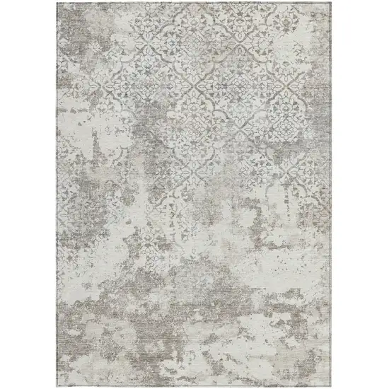 Ivory Beige And Taupe Floral Washable Indoor Outdoor Area Rug Photo 6
