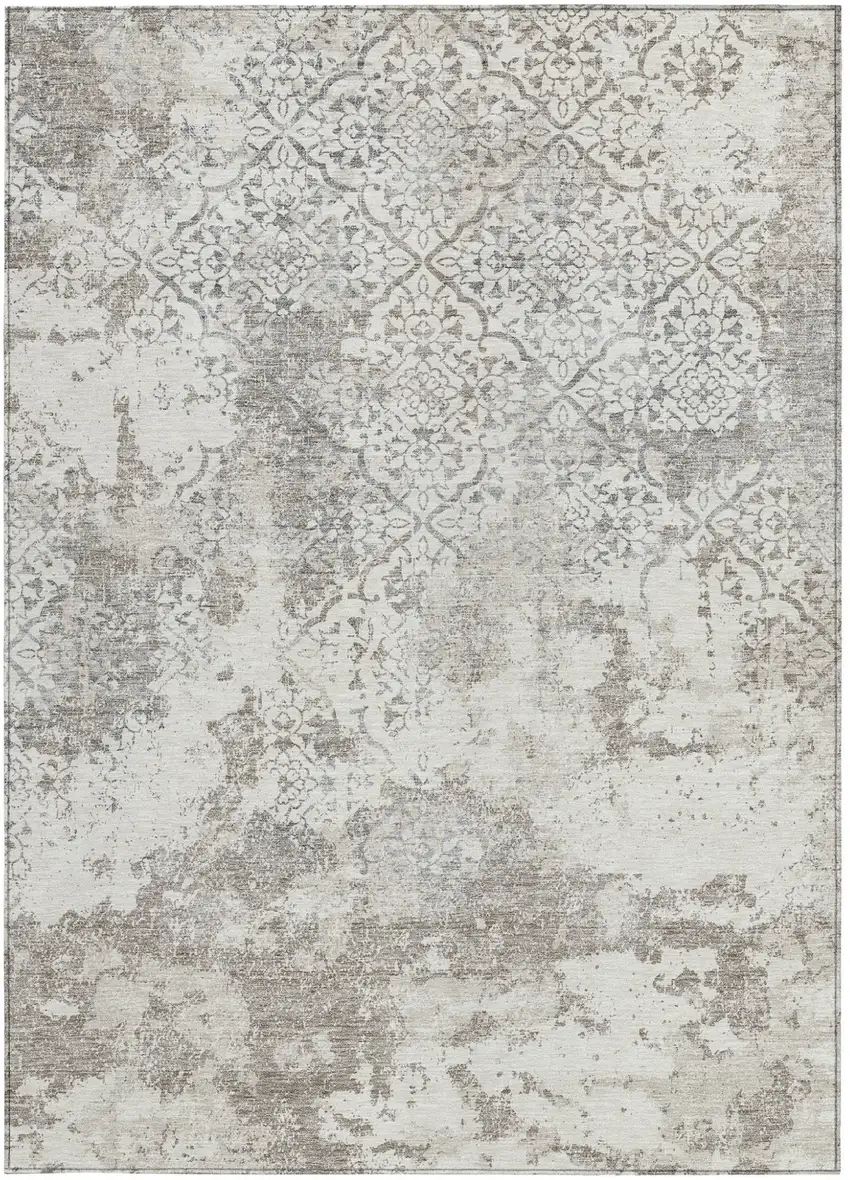 Ivory Beige And Taupe Floral Washable Indoor Outdoor Area Rug Photo 6