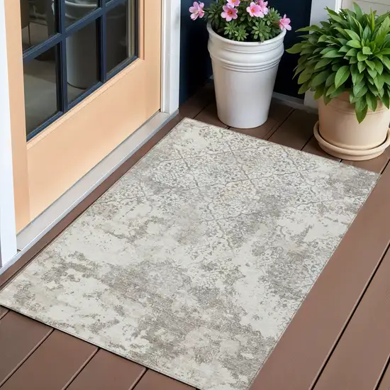 Ivory Beige And Taupe Floral Washable Indoor Outdoor Area Rug Photo 1