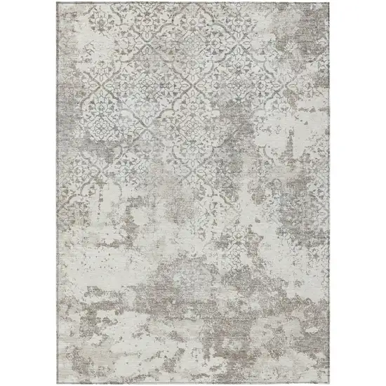 Ivory Beige And Taupe Floral Washable Indoor Outdoor Area Rug Photo 2