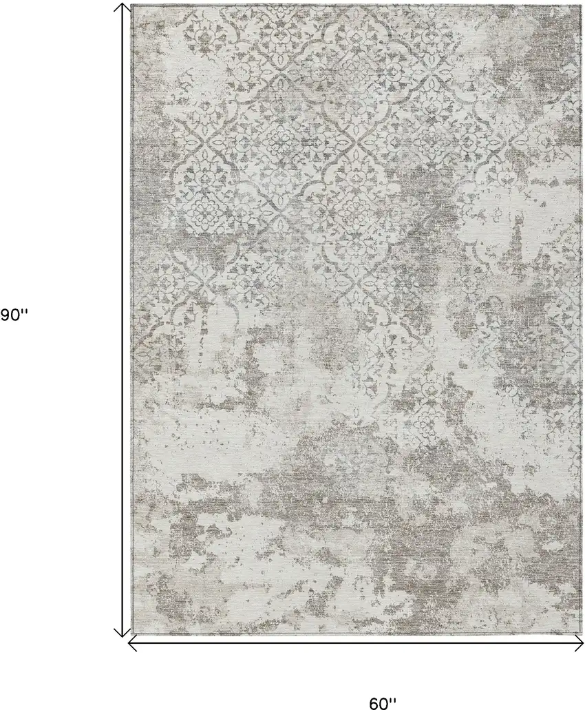 Ivory Beige And Taupe Floral Washable Indoor Outdoor Area Rug Photo 3