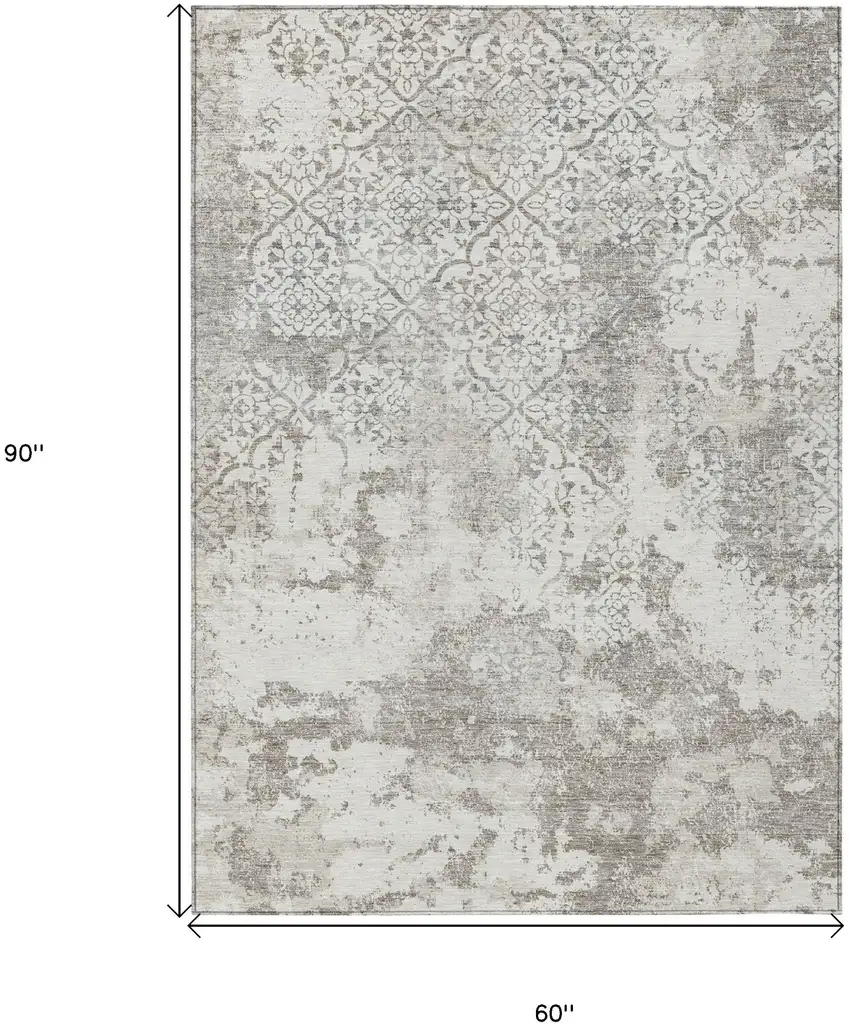 Ivory Beige And Taupe Floral Washable Indoor Outdoor Area Rug Photo 3