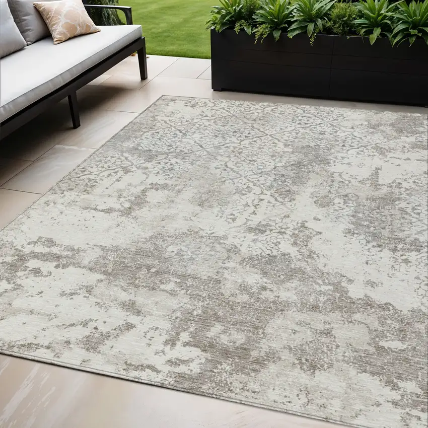 Ivory Beige And Taupe Floral Washable Indoor Outdoor Area Rug Photo 1