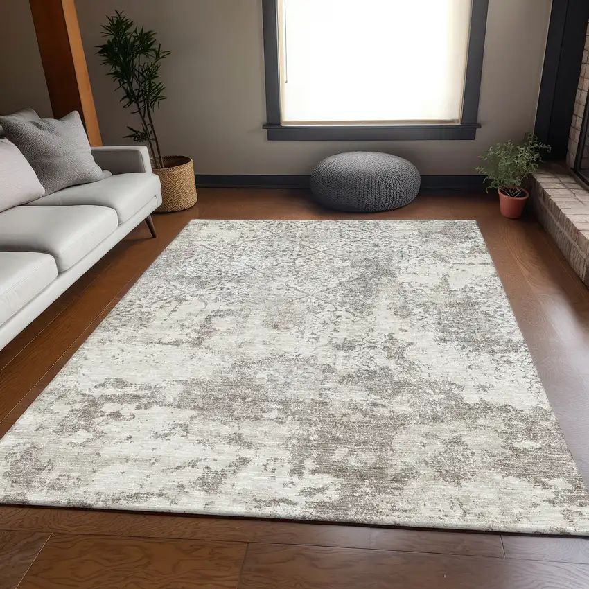 Ivory Beige And Taupe Floral Washable Indoor Outdoor Area Rug Photo 7