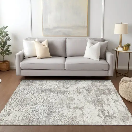 Ivory Beige And Taupe Floral Washable Indoor Outdoor Area Rug Photo 9