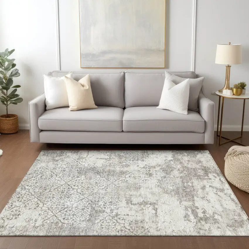 Ivory Beige And Taupe Floral Washable Indoor Outdoor Area Rug Photo 9