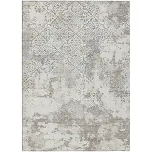 Photo of Ivory Beige And Taupe Floral Washable Indoor Outdoor Area Rug