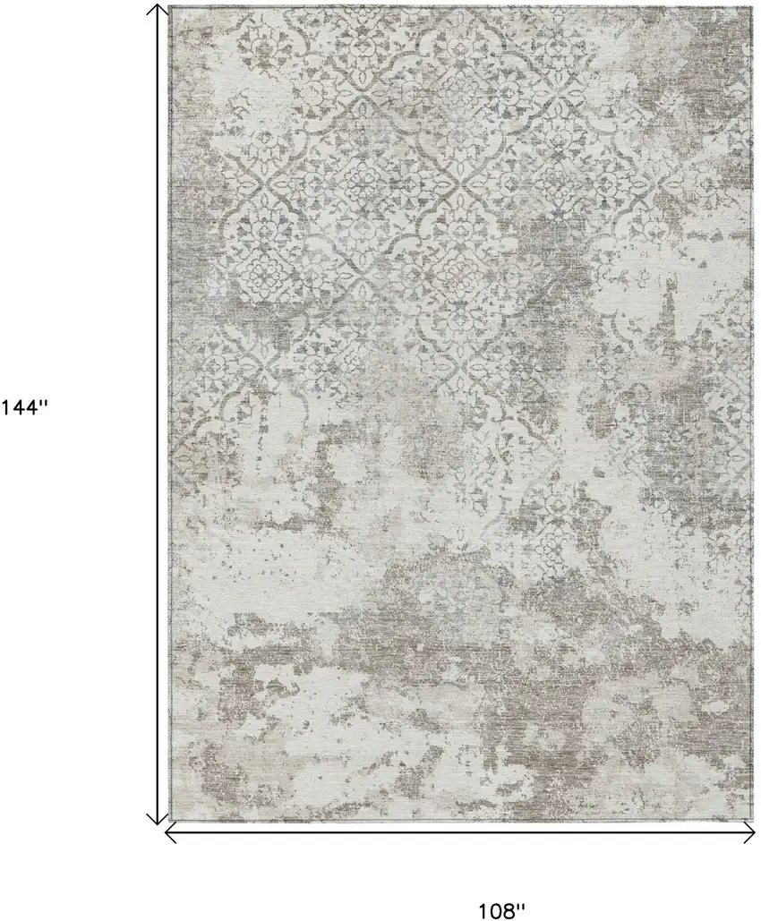 Ivory Beige And Taupe Floral Washable Indoor Outdoor Area Rug Photo 9