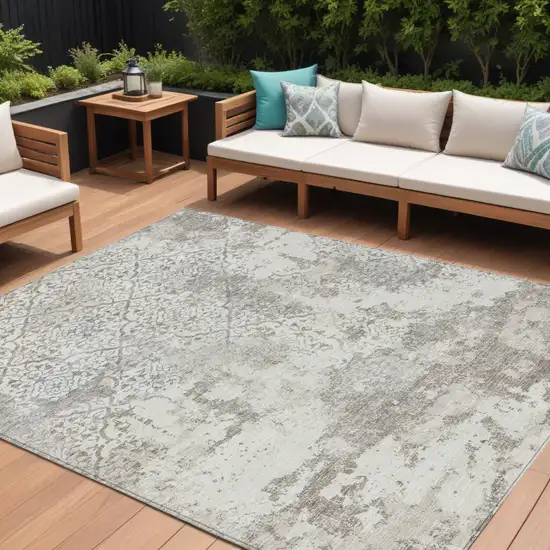 Ivory Beige And Taupe Floral Washable Indoor Outdoor Area Rug Photo 1