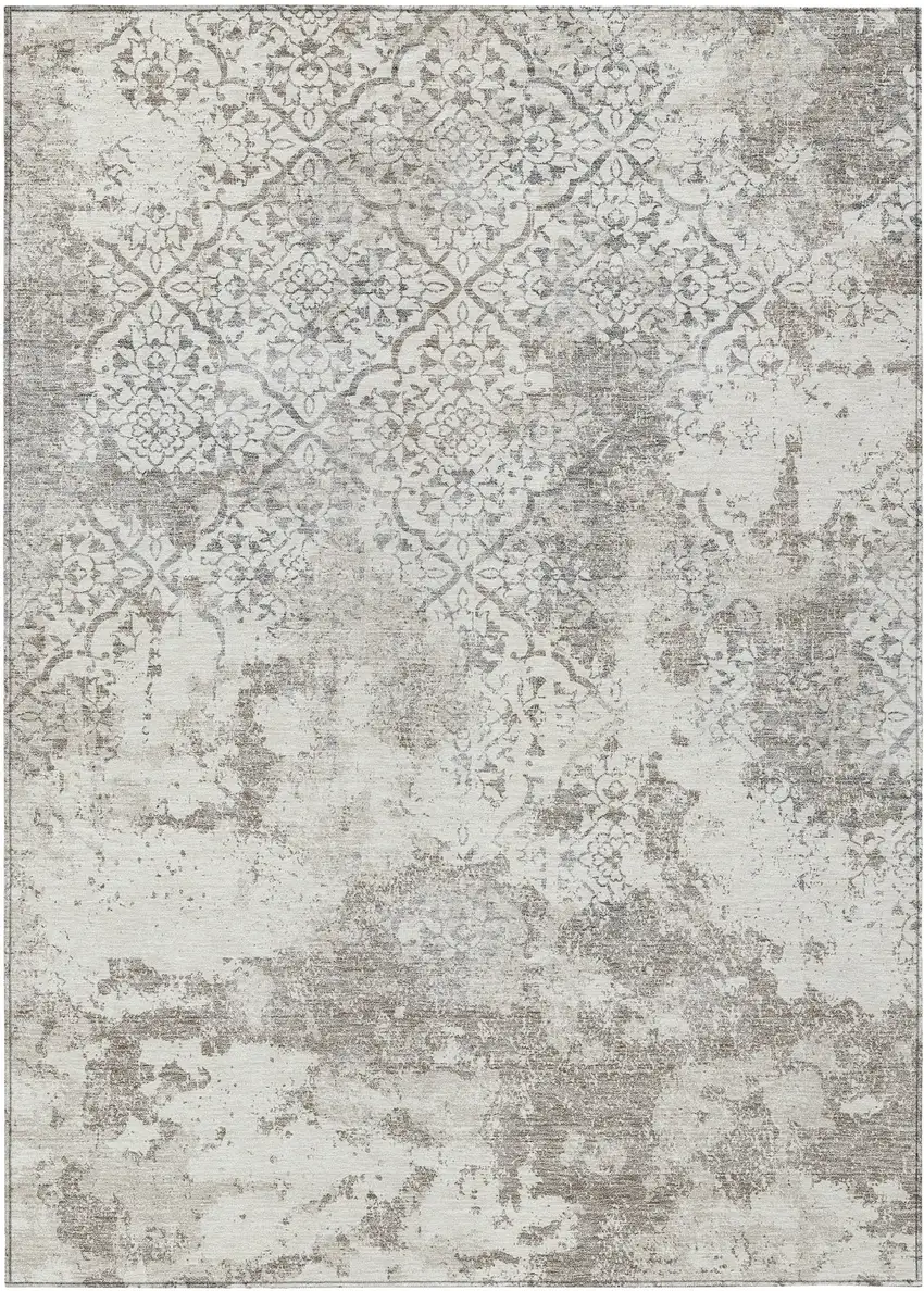 Ivory Beige And Taupe Floral Washable Indoor Outdoor Area Rug Photo 2