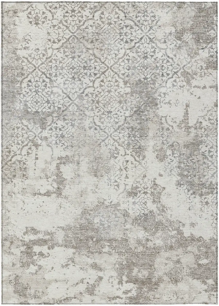 Ivory Beige And Taupe Floral Washable Indoor Outdoor Area Rug Photo 2