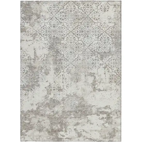 Ivory Beige And Taupe Floral Washable Indoor Outdoor Area Rug Photo 7