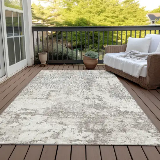 Ivory Beige And Taupe Floral Washable Indoor Outdoor Area Rug Photo 6