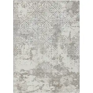 Photo of Ivory Beige And Taupe Floral Washable Indoor Outdoor Area Rug