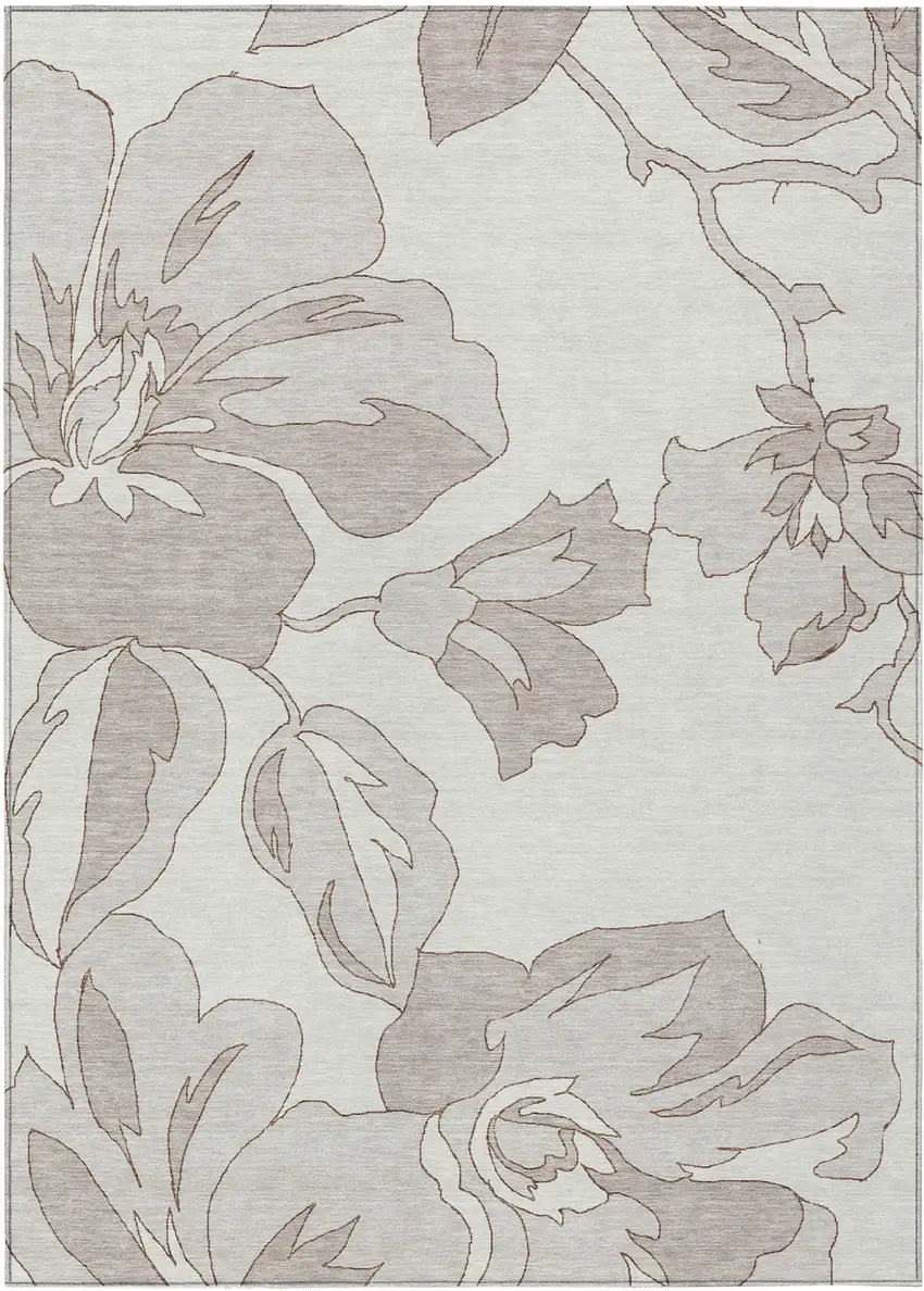 Ivory Beige And Taupe Floral Washable Indoor Outdoor Area Rug Photo 2