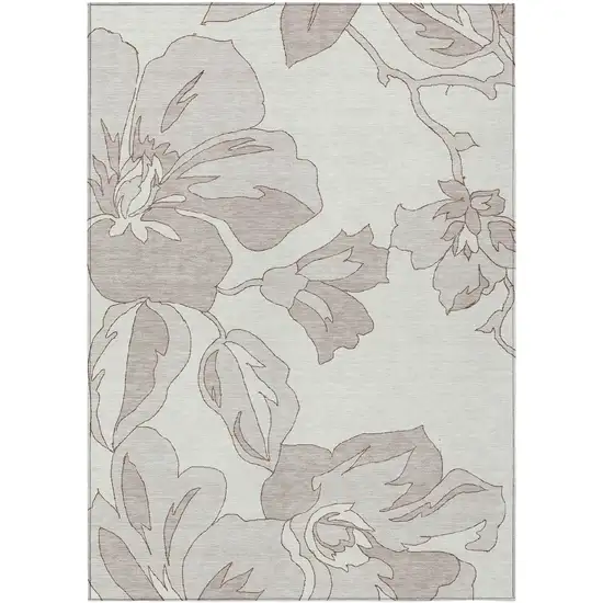 Ivory Beige And Taupe Floral Washable Indoor Outdoor Area Rug Photo 2