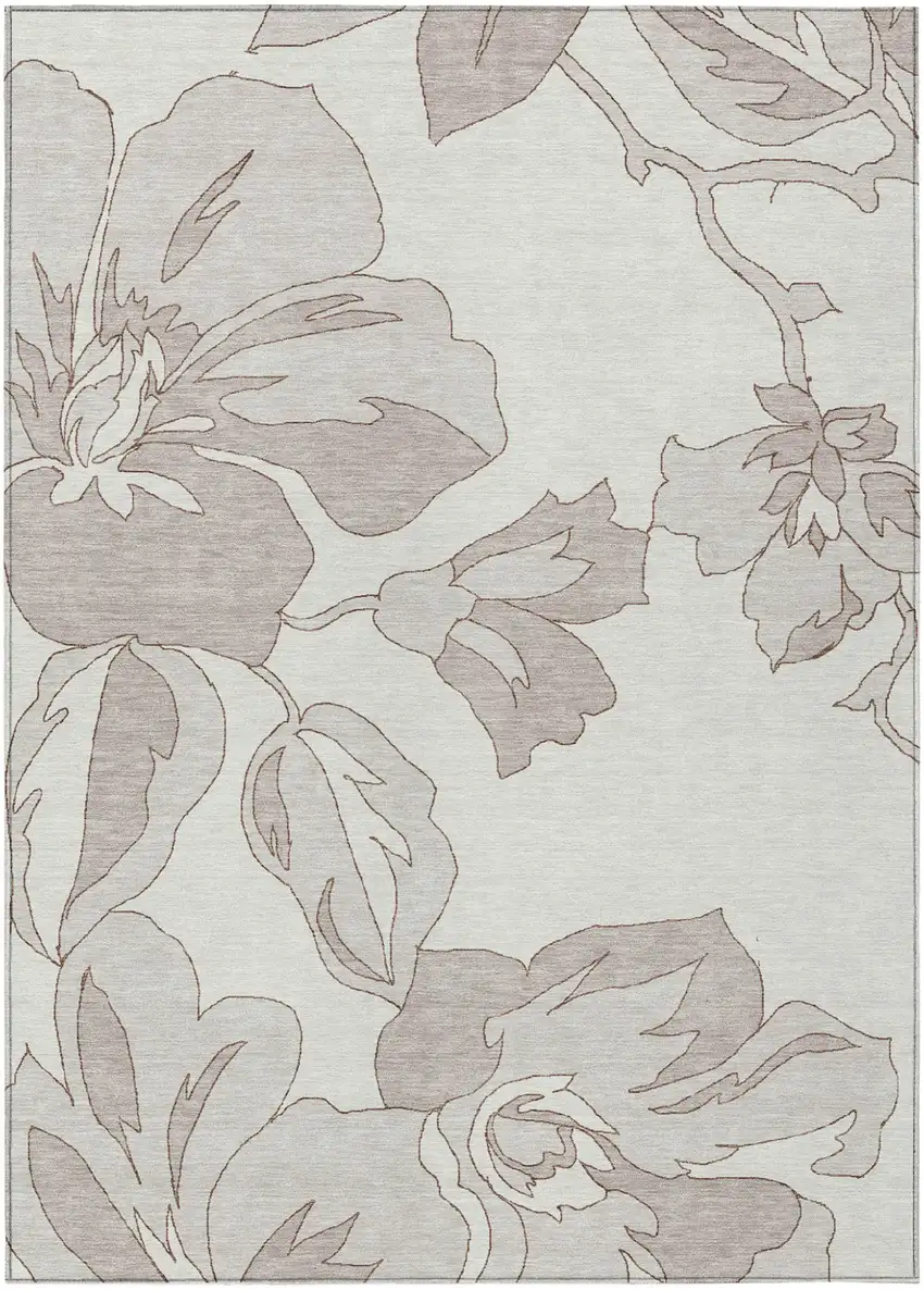 Ivory Beige And Taupe Floral Washable Indoor Outdoor Area Rug Photo 2